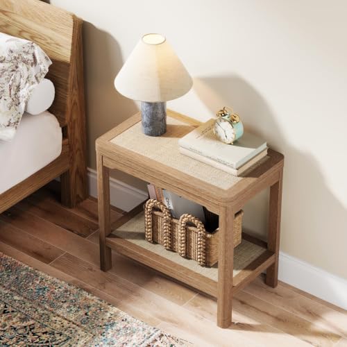 Eclatara Rattan Side Table End Table Nightstand Set of 2 with Round Edge | 2 Tier Rattan Night Stand, Farmhouse Boho Bedside Tables with Ultra-Thick Legs for Bedroom Living Room(Natural Oak,2 Pieces) - color: Natural Oak, Round Edges