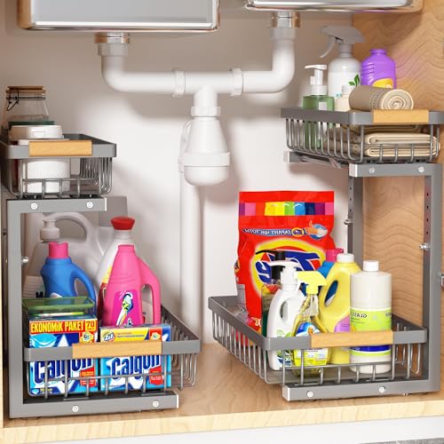 Liuoud Under Sink Organizer 2 Pack, 2 Tier Slide Out Large Capacity Height Adjustable Under Sink Organizers and Storage for Kitchen Bathroom Cabinet, Grey - color: Gray