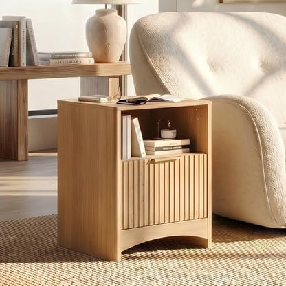 Marsail Fluted Nightstand Set of 2, Wooden Nightstands with Drawers, Modern Bedside Table with Charging Station and Storage, End Table with Storage Side Table for Bedroom, Oak - color: Oak