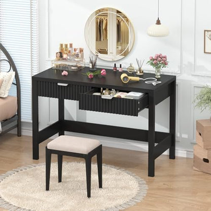 YOMILUVE Fluted Computer Desk with 2 Drawers, 39 Inch Small Computer Desk with Storage, Compact Writing Study Desk for Small Spaces, Black - color: Black