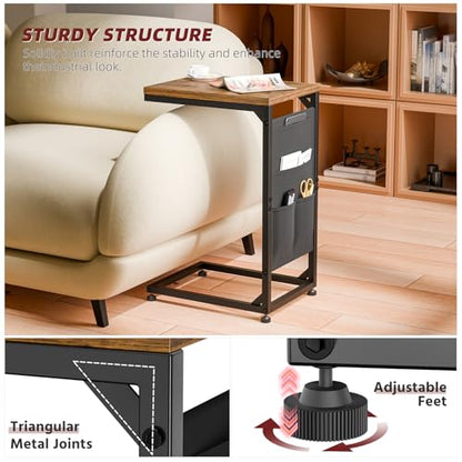 Simple Trending C Shaped End Table, Side Table TV Trays Set of 2 with Fabric Storage Bag, Couch Sofa Table for Living Room, Rustic Brown - size: Long Table Top Two-piece Set With Storage Bag