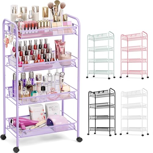 TOOLF 4 Tier Rolling Cart, Metal Utility Storage Cart with Wheels, Purple | 3 Hooks, Screwless Assembly, Trolley Organizer for Bathroom, Kitchen, Office, Nursery, Dorm, Laundry Room - color: Purple, size: 4-Tier