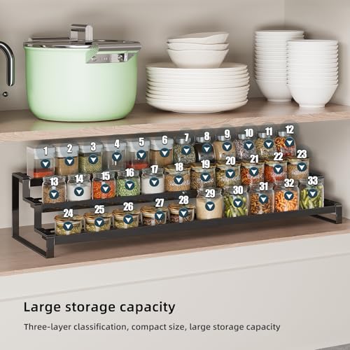 3 Tier Expandable Spice Rack Organizer, Heavy-Duty Black Metal Seasoning Organization Shelf for Cabinet, Kitchen & Pantry, Tiered Spice Shelf With Safety Lock, For Jars & Bottles, Countertop Storage