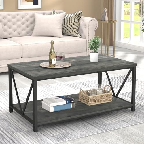 EXCEFUR Coffee Table, Rustic Wood and Metal Center Table for Living Room, 39.3 Inch Grey - color: Grey, size: 39 inch
