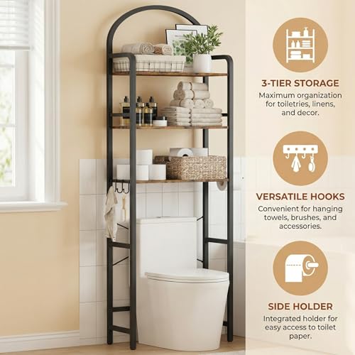 74" H Over the Toilet Storage Rack, 3-Tier Bathroom Organizer with Toilet Paper Holder & Hooks, Metal Frame with Wooden Shelves, Space Saver for Small Bathroom, Rustic Brown and Black - size: 3-tier