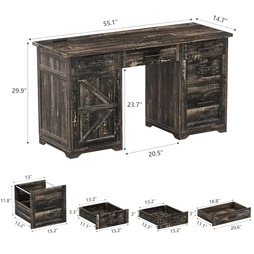 55" Farmhouse Executive Desk with Charging Station & Power Outlet, Home Office Computer Desk with 5 Drawers and Storage Cabinet, Rustic Wood Writing Study Table with File Drawer (Rustic Gray-05) - color: Rustic Gray-05