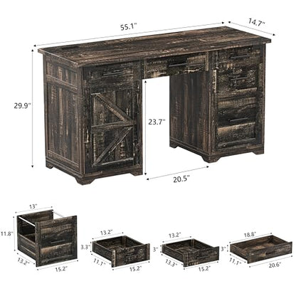 55" Farmhouse Executive Desk with Charging Station & Power Outlet, Home Office Computer Desk with 5 Drawers and Storage Cabinet, Rustic Wood Writing Study Table with File Drawer (Rustic Gray-05) - color: Rustic Gray-05