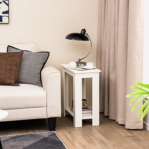 Giantex Narrow End Table Set of 2, 2-Tier Side Table with Open Storage Shelf, Retro Wood Sofa Table Bedside Tables for Small Spaces, Slim Nightstand for Living Room, Bedroom, Easy Assembly, White - color: White