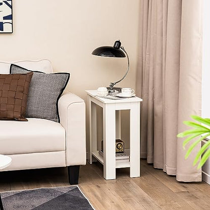 Giantex Narrow End Table Set of 2, 2-Tier Side Table with Open Storage Shelf, Retro Wood Sofa Table Bedside Tables for Small Spaces, Slim Nightstand for Living Room, Bedroom, Easy Assembly, White - color: White