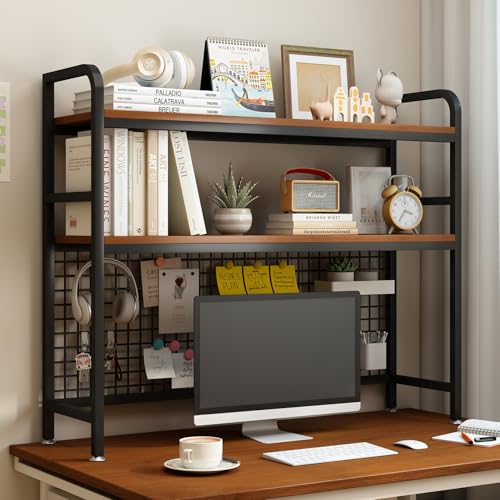 IOTXY 2-Tier Desktop Hutch Bookshelf - Metal Desk Shelf Bookcase with Grid Panel, Countertop Storage Organizer Rack for Dorm or Office, Black, 45.3" W - color: Black, size: 45.3"W