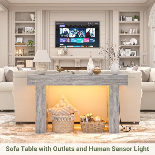 Unikito 47" Entryway Table with Socket and Sensor Light, Narrow Console Table with Storage Behind Couch, Farmhouse Entry Way Tables with Open Storage for Entrance/Hallway/Living Room, White Oak | Narrow Console Table with Storage Behind Couch, Farmhouse F