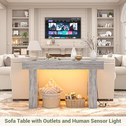 Unikito 47" Entryway Table with Socket and Sensor Light, Narrow Console Table with Storage Behind Couch, Farmhouse Entry Way Tables with Open Storage for Entrance/Hallway/Living Room, White Oak | Narrow Console Table with Storage Behind Couch, Farmhouse F