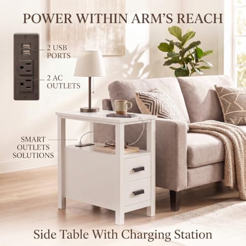 Narrow Nightstand with Charging Station, 24.4" H Slim Side Table with 2 Drawers, Bedside Table for Small Spaces, Modern End Table with Low Profile Legs (White) - color: White