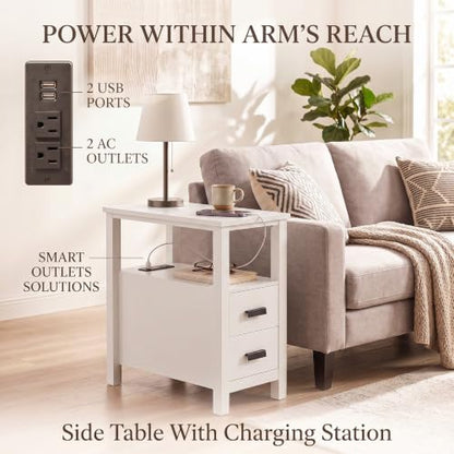 Narrow Nightstand with Charging Station, 24.4" H Slim Side Table with 2 Drawers, Bedside Table for Small Spaces, Modern End Table with Low Profile Legs (White) - color: White