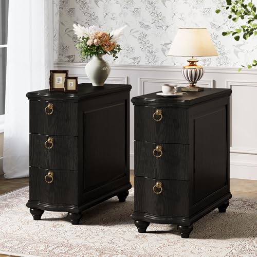 Tribesigns Wood Black End Table Set of 2, 3-Drawers Fully Assembled Narrow Slim Side Table, No Assembly Required, Nightstand for Bedside, Small Spaces, Living Room, Bedroom - color: Black