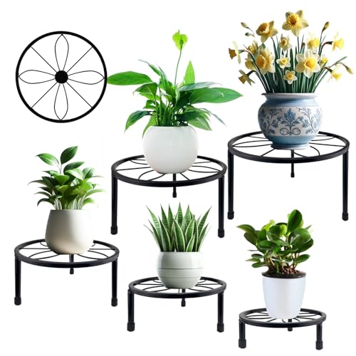 HENABLE 5 Packs Metal Plant Stand Indoor, Outdoor Black Plant Stand for Multiple Plant, Rustproof Iron Round Heavy Duty Flower Pot Stand, Plant Shelf for Planter Garden Home