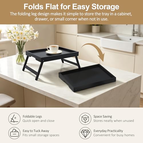 Breakfast Tray with Folding Legs Set of 2, Bamboo Bed Tray Table 15.7" Foldable TV Dinner Tray with Ergonomic Wave Handles for Bed Couch Sofa, Breakfast, Snacks, Coffee, Black - color: Black, size: Medium