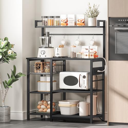 HOOBRO Bakers Rack with Power Outlet, 35.4 Inches Coffee Bar with Mesh Basket, Microwave Stand with 4 S-Shaped Hooks, Kitchen Bakers Rack with Storage, Easy to Assemble, Black BB05HB01 - color: Black
