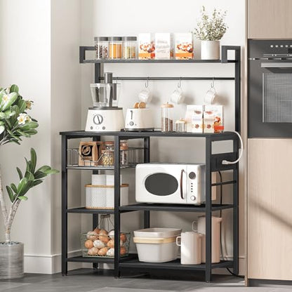 HOOBRO Bakers Rack with Power Outlet, 35.4 Inches Coffee Bar with Mesh Basket, Microwave Stand with 4 S-Shaped Hooks, Kitchen Bakers Rack with Storage, Easy to Assemble, Black BB05HB01 - color: Black