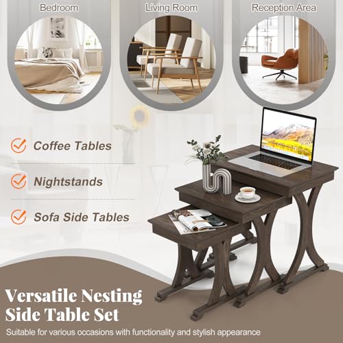 Giantex Nesting Coffee Table Set-of-3 - Stackable Rectangular Sofa End Side Table w/Solid Rubber Wood Legs, Vintage Farmhouse Night Stand for Bedroom Living Room Home Office Small Spaces