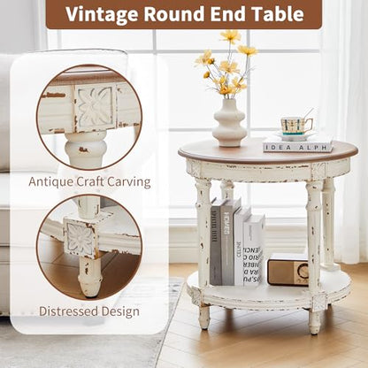BERRYMERRY 23.6" French Country Round End Table Set of 2, Two Tone Distress 2 Tier Side Table for Living Room Small Space,No Tool Assembly - color: White 2pcs