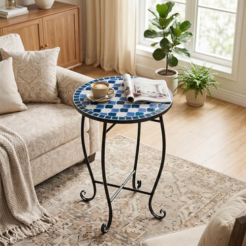 Giantex Outdoor Side Table, Floral Clover Mosaic Patio Accent Table, 14" Coffee End Table, Indoor Outdoor Metal Plant Stand for Porch Garden Balcony Desk, Metal Cobalt Glass Top - style: Floral Clover
