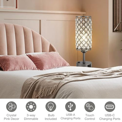 Hong-in Gray Crystal Lamp Touch Control Set of 2, Crystal Table Lamps with USB C+A Ports & AC Outlet, 3-Way Dimmable Nightstand Touch Lamp, Modern Bedside Table Lamp for Bedroom(Bulbs Included) - color: Gray