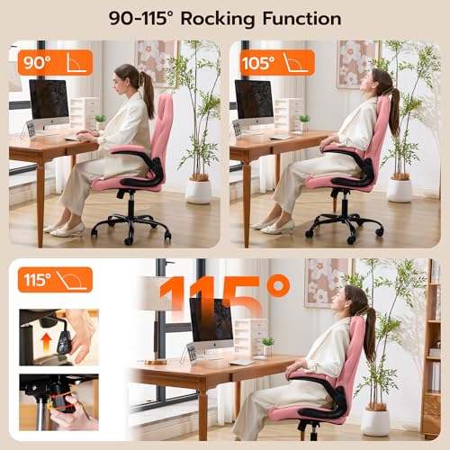 Ylzyxal Office Desk Chair, Ergonomic Computer Chair with Padded Flip-Up Arms and Adjustable Lumbar Support, PU Leather Executive Chair with Tilt Lock and 360° Swivel Rolling Wheels for Work, Study - color: Pink