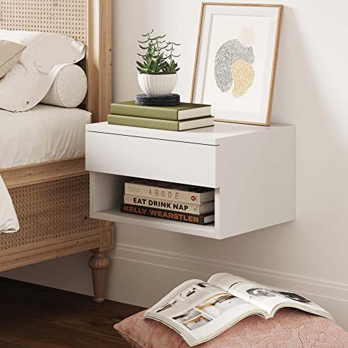 Nathan James Jackson Wall Mounted Floating Bedroom Nightstand with Storage Drawer and Modern Open Shelf Cubby, White - color: White, size: 1