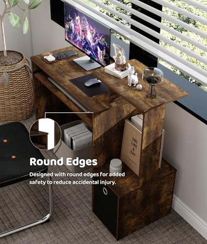 Small Computer Desk with Drawers, Wood Writing Desk with Storage Shelves for Home Office Bedroom Living Room, Walnut/Black - color: Amber Pine/Black