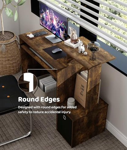 Small Computer Desk with Drawers, Wood Writing Desk with Storage Shelves for Home Office Bedroom Living Room, Walnut/Black - color: Amber Pine/Black