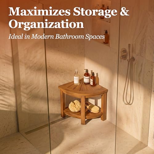 HOMESTEAD Teak Shower Stool with 2 Tier Storage Shelf, Compact Corner Shower Bench for Inside Shower, Bathroom Seat with Soap Holder, Shower Foot Rest and Shower Stool for Shaving Legs