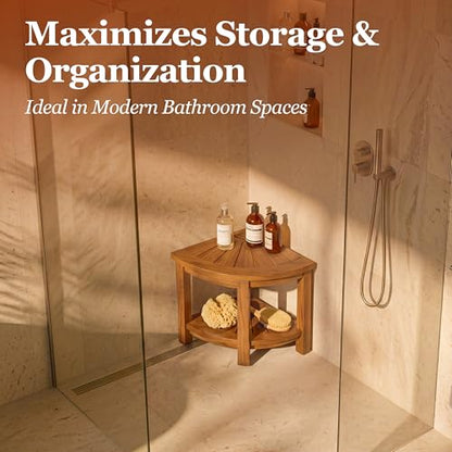 HOMESTEAD Teak Shower Stool with 2 Tier Storage Shelf, Compact Corner Shower Bench for Inside Shower, Bathroom Seat with Soap Holder, Shower Foot Rest and Shower Stool for Shaving Legs