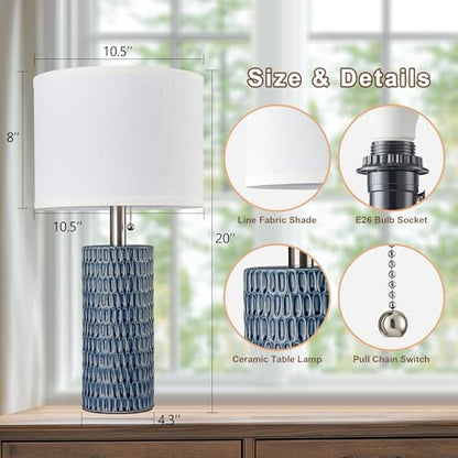 Reaketon Table Lamps for Living Room Set of 2, Ceramic Table Lamps for Bedroom, 20" Modern Lamps for Night Stands, Dark Blue - color: Dark Blue
