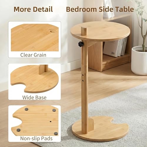 Bamboo Side Table for Sofa - Adjustable Height C Shaped End Tables for Small Spaces, Couch, Bedside, Living Room, 12.6x12.6x26 Inch TV Tray Round Stand for Drink, Snack, Coffee (Natural) - color: Natural