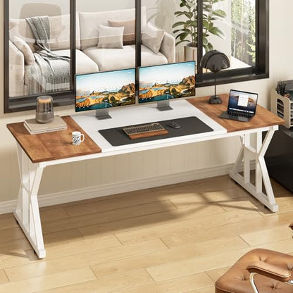 TVU Computer Desk, 63 inch Large Office Desk, Study Writing Table with Thicken Frame, Gaming Desk, Modern Simple Desk for Home Office, Brown/White - color: Brown+white, size: 63inch