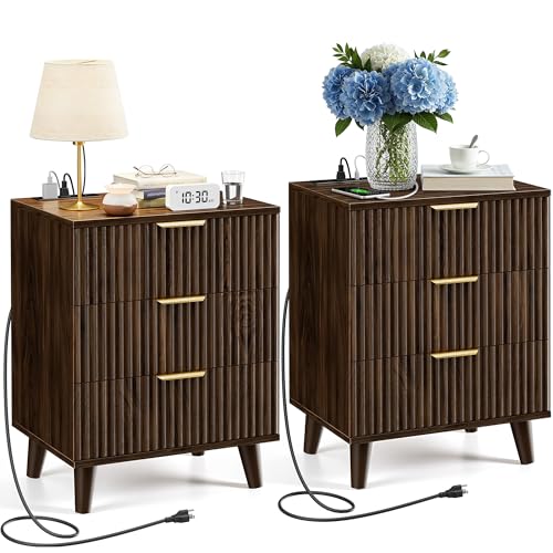Walnut Fluted nightstands Set of 2, 20 inch Modern Nightstand with Charging Station Wood Bedside End Table with 3 Large Storage Drawers, Tall Side Table for Bedroom Sofa Office - color: Walnut, size: 2pcs