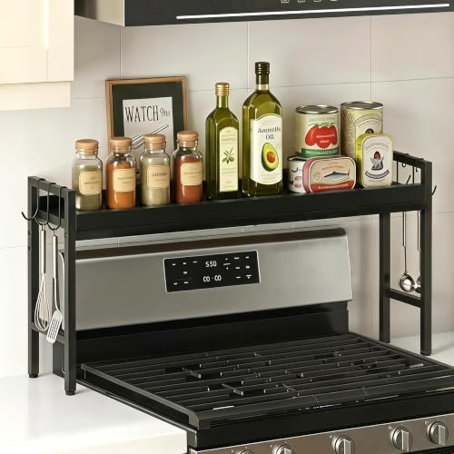 31 Inch Over the Stove Spice Rack, Adjustable 3-Tier Stove Top Shelf Equipped with 6 Utility Hooks to Organize Spices & Kitchen Gadgets (Black) - color: Black