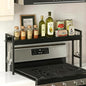 31 Inch Over the Stove Spice Rack, Adjustable 3-Tier Stove Top Shelf Equipped with 6 Utility Hooks to Organize Spices & Kitchen Gadgets (Black) - color: Black
