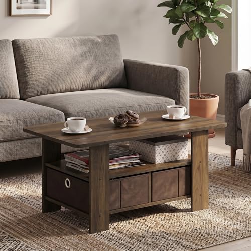 Small Modern Coffee Table with Storage, Bin Drawer Side Table, Coffee Table for Bedroom, Home Office, Living Room, Columbia Walnut - color: Columbia Walnut/Dark Brown