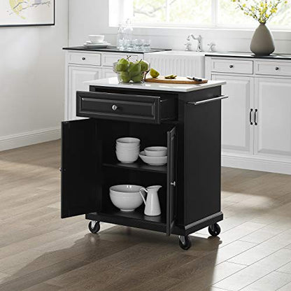 Crosley Furniture Compact Stone Top Small Rolling Cart with Shelves, Microwave Stand with Towel Rack, Black - color: Black, style: White Granite Top
