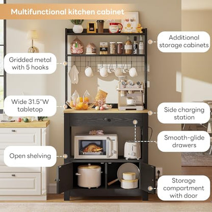 LIKIMIO Baker Rack with Spill-Safe Power Outlet & Drawer, Black | Coffee Bar Cabinet with Storage, Farmhouse Microwave Stand with Hutch and 5 Hooks for Kitchen - color: Black