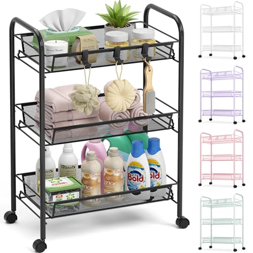 TOOLF 3 Tier Rolling Cart, Metal Utility Storage Cart with Wheels, Black | 3 Hooks, Screwless Assembly, Trolley Organizer for Bathroom, Kitchen, Office, Nursery, Dorm, Laundry Room - color: Black, size: 3-Tier