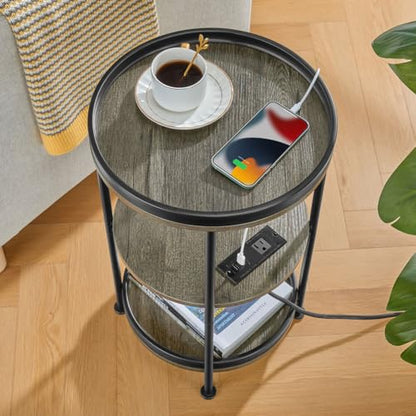 Dulcii Round Side Table with Charging Station, End Table with 3 Shelves for Living Room, Bedroom Nightstand with Steel Frame for Small Spaces, Industrial Round Sofa Table (USB+Grey) - color: Grey, style: With Outlets