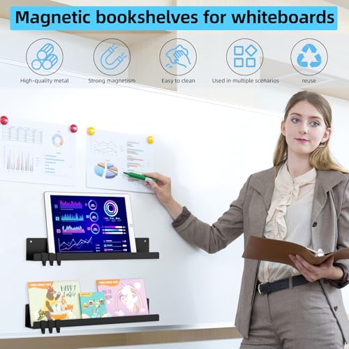 17 Inch Black Metal Magnetic Floating Shelves, Book Shelf 2-Pack | Strong magnetic shelf holds 14.33 lbs. Fits whiteboards, fridges, steel. Reusable, no drill. Great for classrooms.