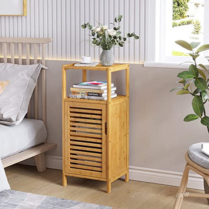 VIAGDO Bamboo Cabinet, Bathroom Storage Cabinet with Single Door and Shelf, Freestanding Bathroom Cabinet, Kitchen Cupboard, Sofa Side Table for Living Room/Hallway/Kitchen