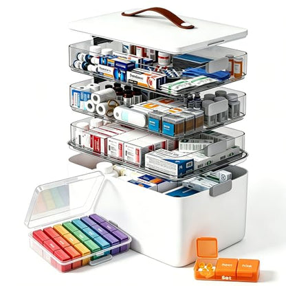 MOPUP 4-Tier Medicine Craft,Sewing,Art,Organizer Storage,Portable Latch Bin with Lid and Leather Handle,Pill Bottle, First Aid,Comes with a 7-Day Pill Organizer,A Household Essential - size: XL– 4-Tier Set