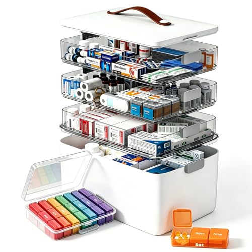 MOPUP 4-Tier Medicine Craft,Sewing,Art,Organizer Storage,Portable Latch Bin with Lid and Leather Handle,Pill Bottle, First Aid,Comes with a 7-Day Pill Organizer,A Household Essential - size: XL– 4-Tier Set