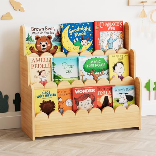 SpaceAid 3-Tier Scalloped Bookshelf, Montessori Bookcase for Toddlers, Wooden Book Shelf Organizer Display Furniture for Kids Rooms, Playroom, Nursery and Classroom, Natural - color: Natural, size: 3 Tier, 29.6" W