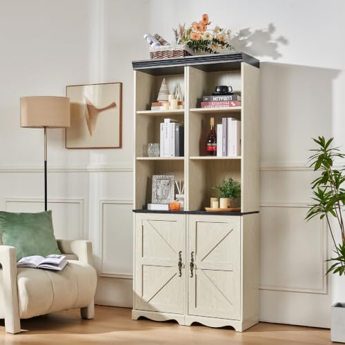 Farmhouse Tall Storage Cabinet with Adjustable Shelves, 3D Wood Grain Finish MDF Bookcase, Open Display Cubbies & Closed Barn Door Storage, Freely Combinable Bookshelf for Bedroom Living Room Office